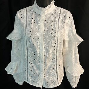 Altar State White Eyelet Ruffle Sleeve Button Up Blouse Top Womens
